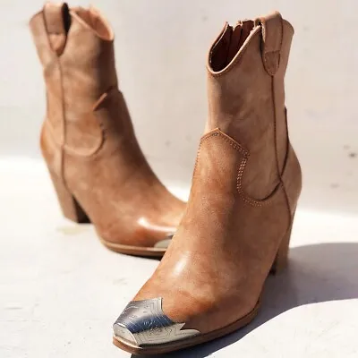 $71.99 • Buy NEW Distressed Nude PU Leather Metal Toe Block Heel Cowgirl Western Ankle Boots