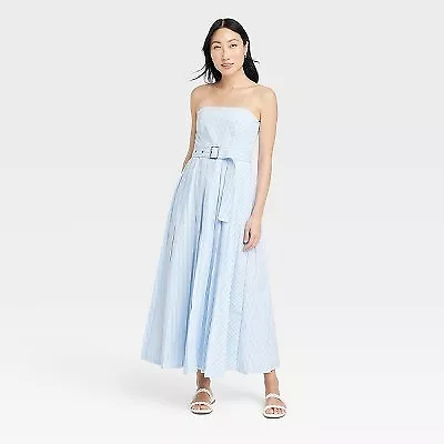 Women's Belted Midi Bandeau Dress - A New Day Blue/White Striped 2 • $15.99