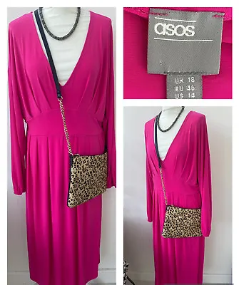 £19.99 • Buy ASOS Sz 18 Hot Pink Jersey Stretch Drape Dress Cinch Waist V-Neck Long Slv Midi