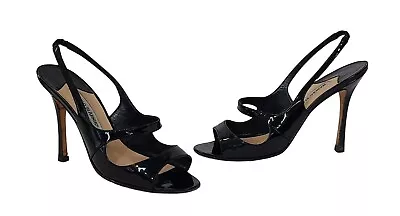 MANOLO BLAHNIK Black Patent Leather Stiletto Heel Slingback Sandals Sz 8.5 • $79