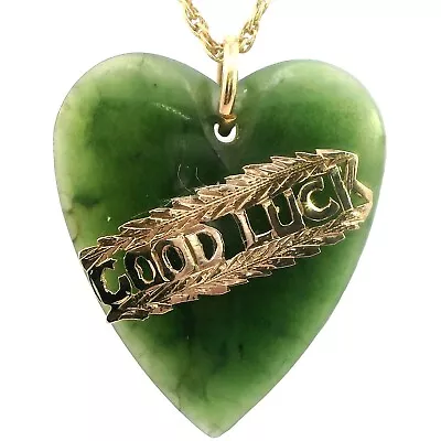 Unique 9ct Gold & Nephrite Jade Heart Pendant With  Good Luck  Inscription • $590
