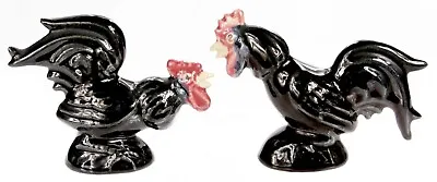 Vintage Pair Rosemeade Salt Pepper Shakers Fighting Black Rooster Old Chicken • $44.99