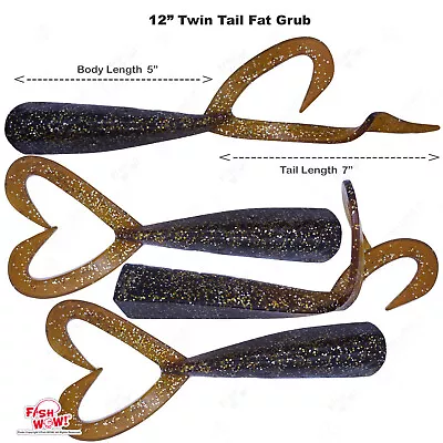4pcs Root Beer 12  (w/ Tail Extended) Twin Tail Perch Grub Fat Thick Scampi Bait • $19.88