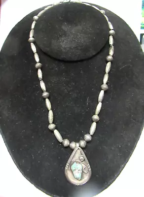 Vintage Navajo Sterling Teardrop   Necklace  W/turquoise Bench Bead - 17  Long • $125