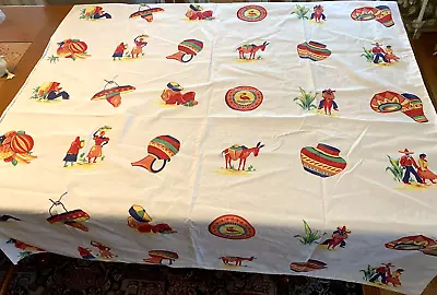 Vintage 100% Cotton Tablecloth Mexican Theme-Cinco De Mayo-Fiesta 48  X 48  • $12.99