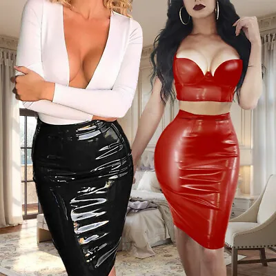 Women PU Vinyl Bodycon Midi Skirt Ladies Night Out Party Wet Look Pencil Skirts • £13.29