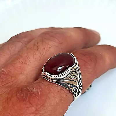 Mens Handmade Ring Turkish Handmade Silver Ring Red Agate 925 Silver 5-15 • £53.08