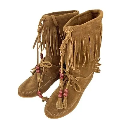 *Minnetonka Moccasin Brown Leather Fringe Boots Womens Size 6 • $25