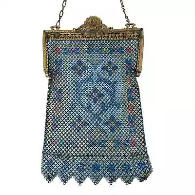 1920s Mandalian Mfg Co Art Deco Painted Mesh Purse Blue Goldtone Filigree Floral • $379.99