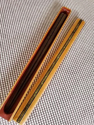 Vintage Chopsticks Dark Hard Wood Pair Original Laquered & Inlaid Wood Box • $18