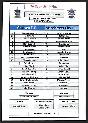 CHELSEA V MANCHESTER CITY 20.04.24 FA CUP SEMI-FINAL TEAM SHEET • £2.99