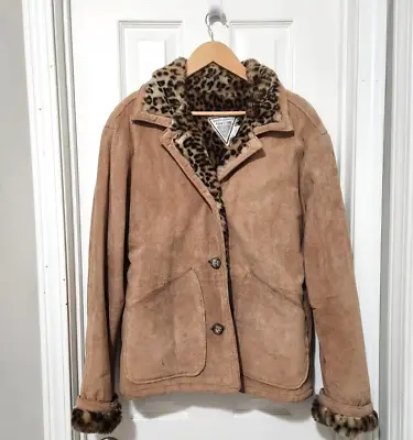 J Percy Marvin Richards Genuine Leather Suede Coat Cheetah Faux Fur Lined XS • $49.99
