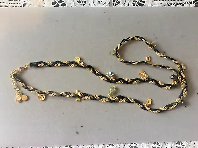 Vtg Braided Black Cord & Gold Chain Charm Necklace Buddha Wishbone Peace 30  Lg • $11.99