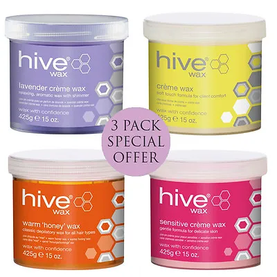 Hive Of Beauty Waxing Pots 425g Pack Of 3 - Warm Honey Pink Tea Tree Lavender • £23.50