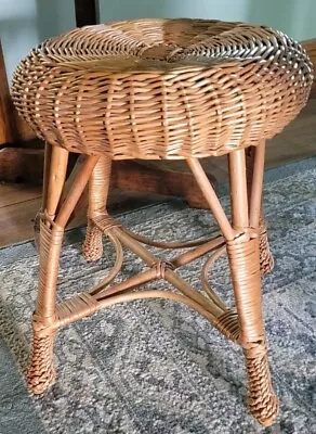 Vtg Boho MCM Wicker Rattan Foot Stool Tripod Tony Paul Style Table Plant Stand • $150