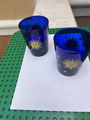 Vintage Libbey Cobalt Blue Celestial Sun Moon & Stars Tumblers Set Of 2 Glasses • $15