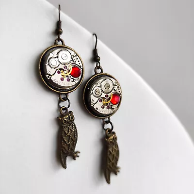 Owl Earrings Steampunk Vintage Watch Parts Women Gift Unique Present Steam Punk • $37