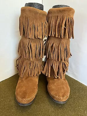 Minnetonka Women's Moccasins Boots Leather-Suede Fringe Size 8 Brown Nice  • $26.99