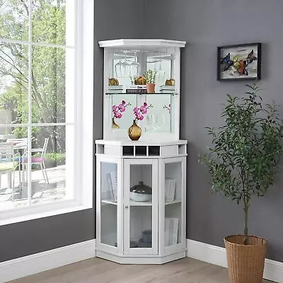 Mini Bar Corner Liquor Cabinet Wine Storage Stemware Rack Dining Room White New  • $428.88