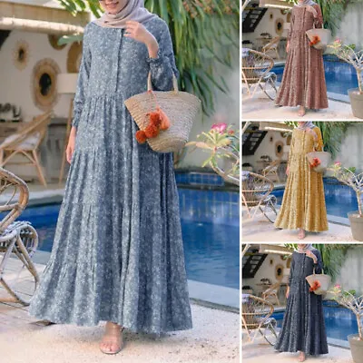 $24.19 • Buy ZANZEA Women Muslim Long Sleeve Floral Ruffles Casual Kaftan Maxi Abaya Dress AU