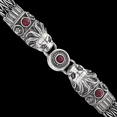 Vintage Ornate Sterling Silver Lion Head Necklace 17.5 Inch W Garnet Accents • $350