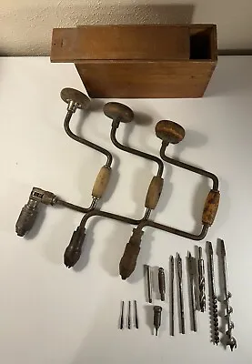 Woodworking Assorted Auger Drill Bits Hand Drills And Wood Storage Box Vintage • $35