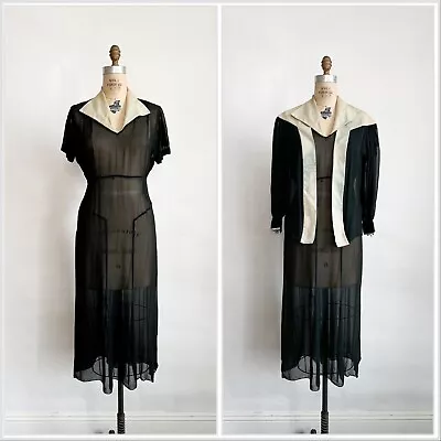 Vintage 1930s 30s Sheer Navy Silk Dress Jacket Set  TLC M L • $78