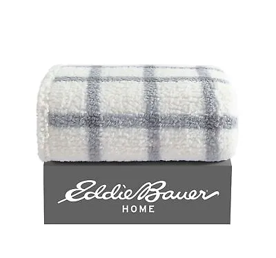 Eddie Bauer Bunkhouse Plaid Sherpa Grey & Ivory Throw Blanket-50X60 • $34.99