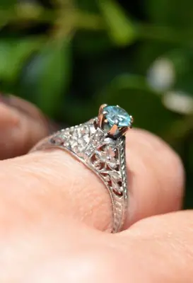 Platinum Art Deco Filigree Blue Zircon Ring • $550