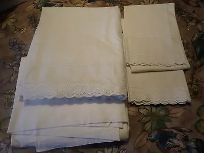 Vintage Wamsutta Off White Eyelet Trim Edge  2 Sheets 2 Pillowcases • $49.99