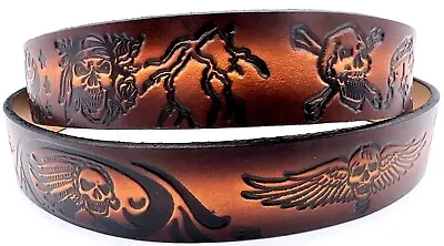 Multi Skull Motorcycle Biker Rock Embossed Genuine Cowhide Leather Belt Usa Made • $34.99