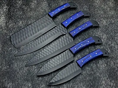 Handmade HAND FORGED Carbon STEEL Black Powder Coating 5pcKitchen CHEF KNIFE Set • $102.99