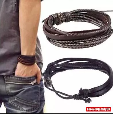 Mens Boys Handmade Leather Braided Surfer Wristband Bracelet Bangle Wrap  • £2.49