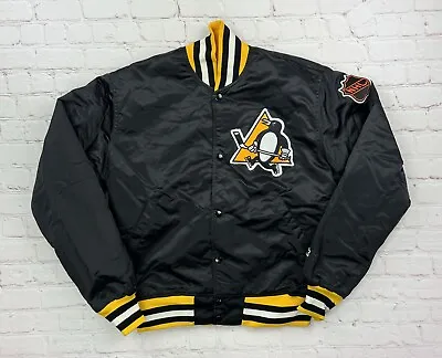 Vintage 80s Pittsburgh Penguins Jacket Mens Med Black Starter Satin NHL Hockey • $129.99