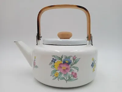 Vintage PFALTZGRAFF Tea Kettle With Wood Hand Enamel White With Flowers • £19.29