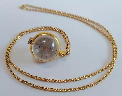 Vintage Swiss 17 Jewel 12kt Gold Fill Glass Globe Wind Up Pendant Watch Necklace • $85