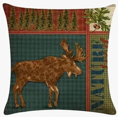 Moose Tree Cabin Lodge Hunting Man Cave Throw Pillow Cover Holiday Home Decor • $13.08