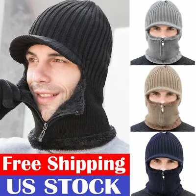 Men Winter Warm Hat Knit Visor Beanie Fleece Lined Billed Beanie With Brim Cap • $11.15
