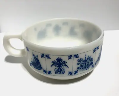 $20 • Buy Vintage 60s Delft Style Blue White Milk Glass Soup Mug Boat House Fleur De Lis