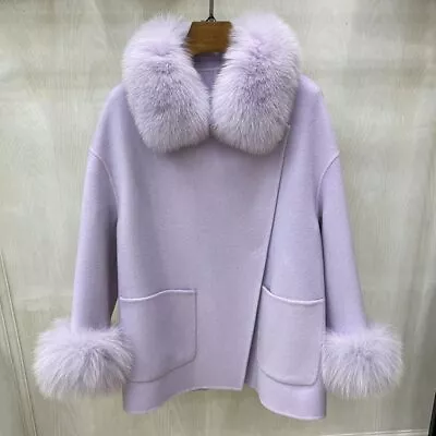 2022 New Women Wool Coat Real Fur Collar Cuff Solid Luxury Fur Coat Winter Warm • $185.43