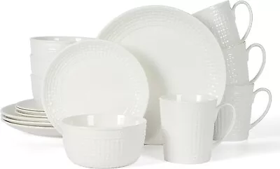 Martha Stewart 16 Piece Dinnerware Set Embossed Basket Weave White Bone China • $99.99