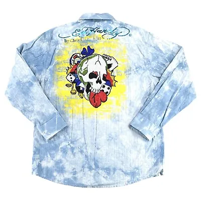 Ed Hardy Button Up Shirt Christian Audigier Mens Medium Rhinestones Skull Dice • $48.88