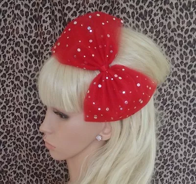 BIG RED SPARKLE BOW TULLE TUTU NET ALICE HAIR HEAD BAND 80s PARTY FANCY DRESS • £4.99