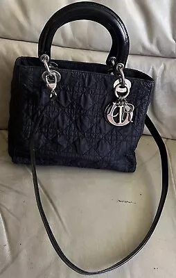 Vintage Christian Dior Lady Dior Medium Black Nylon Cannage Hand Tote Bag Strap • $241.50