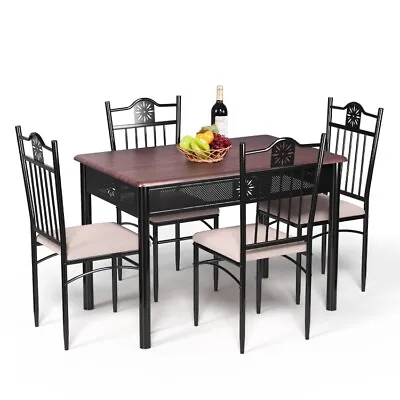 5 Pcs Dining Set Metal Table & 4 Cushioned Chairs Kitchen Breakfast Furniture • $178.96