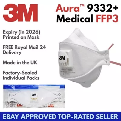 3M Aura 9332+ FFP3 Valved Face Mask Disposable Respirator Sealed - EXPIRY 2025 • £3.75