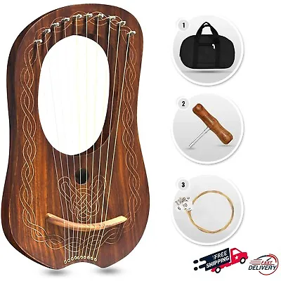 Rosewood 10 Metal Strings Irish Lyre Harp Natural Finish Engraved Floral Design • $109.99