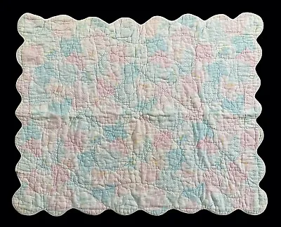 Vintage Pastel Blue Pink Bambi Deer Fawn Cotton Crib Baby Blanket Scallop Edge • $20.89