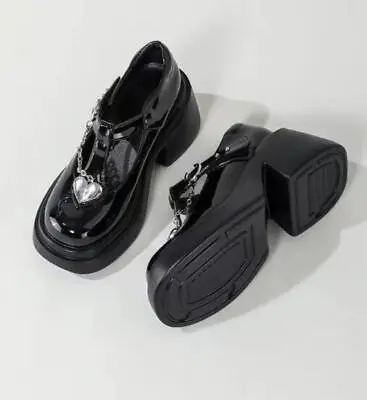 Womens Fashion Patent Metal Chain Platform Bock Heel T Strap Mary Jane Shoes  • $56.99