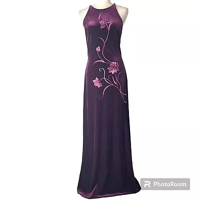 90s VTG Reggio Stretch Velvet Floral Embroidered Evening Maxi Dress Size 8 • $85